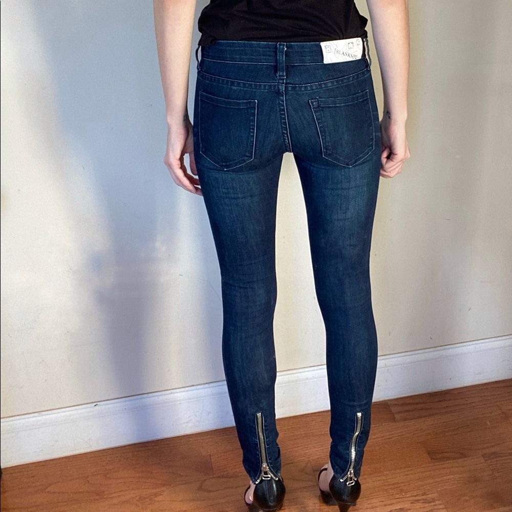 Blank NYC dark denim jeans w/ zippers on back leg